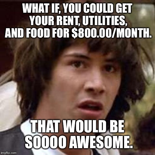 Conspiracy Keanu Meme | WHAT IF, YOU COULD GET YOUR RENT, UTILITIES, AND FOOD FOR $800.00/MONTH. THAT WOULD BE SOOOO AWESOME. | image tagged in memes,conspiracy keanu | made w/ Imgflip meme maker
