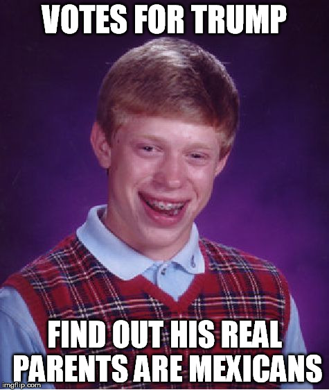 Bad Luck Brian Meme | VOTES FOR TRUMP; FIND OUT HIS REAL PARENTS ARE MEXICANS | image tagged in memes,bad luck brian | made w/ Imgflip meme maker