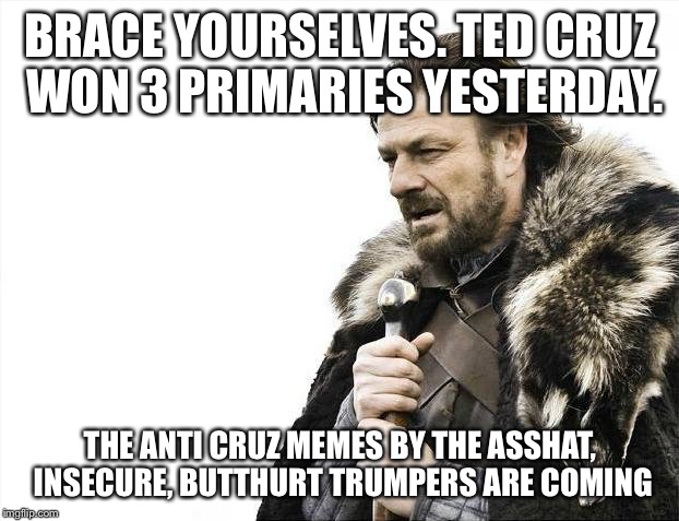 Brace Yourselves X is Coming Meme | BRACE YOURSELVES. TED CRUZ WON 3 PRIMARIES YESTERDAY. THE ANTI CRUZ MEMES BY THE ASSHAT, INSECURE, BUTTHURT TRUMPERS ARE COMING | image tagged in memes,brace yourselves x is coming | made w/ Imgflip meme maker
