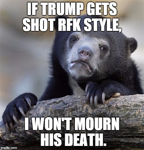 Confession Bear Meme | IF TRUMP GETS SHOT RFK STYLE, I WON'T MOURN HIS DEATH. | image tagged in memes,confession bear | made w/ Imgflip meme maker