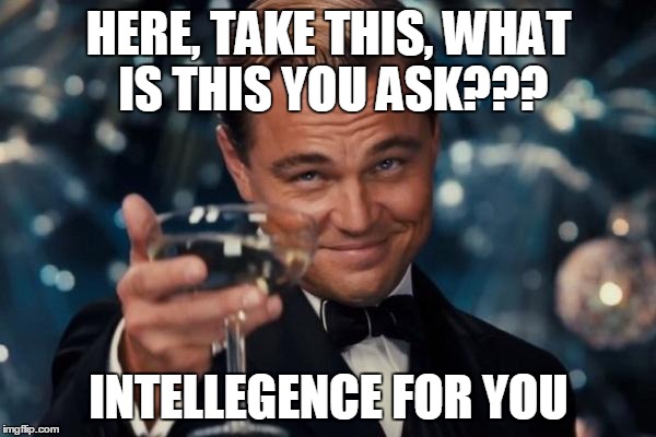 Leonardo Dicaprio Cheers Meme | HERE, TAKE THIS, WHAT IS THIS YOU ASK??? INTELLEGENCE FOR YOU | image tagged in memes,leonardo dicaprio cheers | made w/ Imgflip meme maker