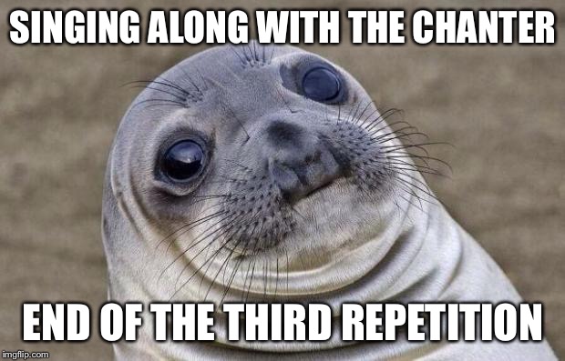 Awkward Moment Sealion Meme | SINGING ALONG WITH THE CHANTER; END OF THE THIRD REPETITION | image tagged in memes,awkward moment sealion | made w/ Imgflip meme maker
