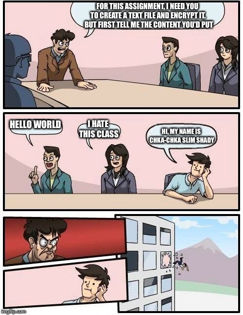 Boardroom Meeting Suggestion | FOR THIS ASSIGNMENT, I NEED YOU TO CREATE A TEXT FILE AND ENCRYPT IT.  BUT FIRST TELL ME THE CONTENT YOU'D PUT; HELLO WORLD; I HATE THIS CLASS; HI, MY NAME IS CHKA-CHKA SLIM SHADY | image tagged in memes,boardroom meeting suggestion | made w/ Imgflip meme maker