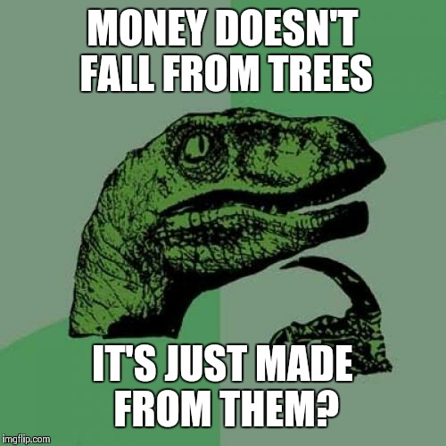 Philosoraptor Meme | MONEY DOESN'T FALL FROM TREES; IT'S JUST MADE FROM THEM? | image tagged in memes,philosoraptor | made w/ Imgflip meme maker