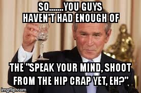 Bush | SO.......YOU GUYS HAVEN'T HAD ENOUGH OF; THE "SPEAK YOUR MIND, SHOOT FROM THE HIP CRAP YET, EH?" | image tagged in memes | made w/ Imgflip meme maker
