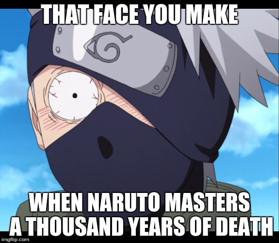 kakashi | THAT FACE YOU MAKE; WHEN NARUTO MASTERS A THOUSAND YEARS OF DEATH | image tagged in kakashi | made w/ Imgflip meme maker