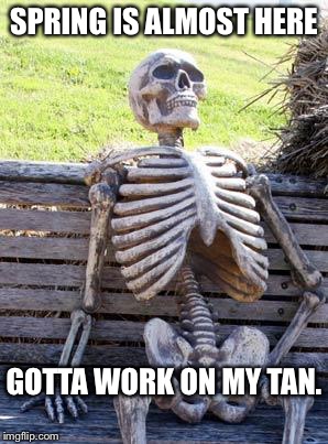 Waiting Skeleton Meme |  SPRING IS ALMOST HERE; GOTTA WORK ON MY TAN. | image tagged in memes,waiting skeleton | made w/ Imgflip meme maker