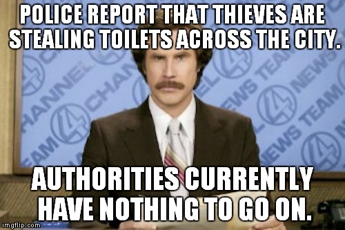 I hope that there's not a RASH of these... | POLICE REPORT THAT THIEVES ARE STEALING TOILETS ACROSS THE CITY. AUTHORITIES CURRENTLY HAVE NOTHING TO GO ON. | image tagged in memes,ron burgundy,cops,toilet | made w/ Imgflip meme maker