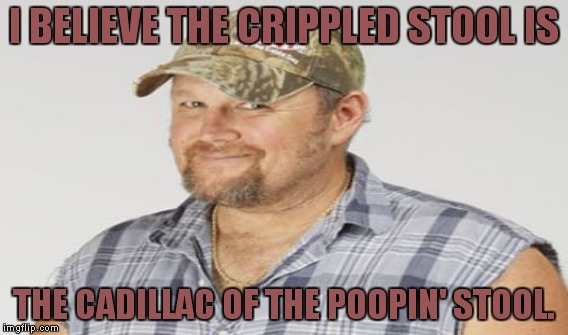 Larry - Get 'er done! | I BELIEVE THE CRIPPLED STOOL IS; THE CADILLAC OF THE POOPIN' STOOL. | image tagged in memes,funny,larry the cable guy | made w/ Imgflip meme maker