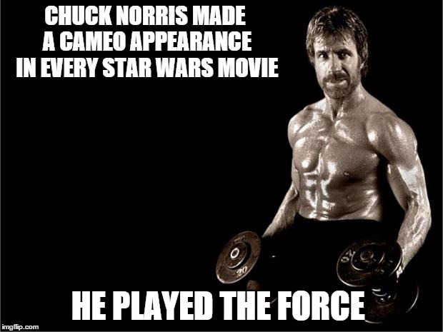 Chuck Norris Lifting | CHUCK NORRIS MADE A CAMEO APPEARANCE IN EVERY STAR WARS MOVIE; HE PLAYED THE FORCE | image tagged in chuck norris lifting | made w/ Imgflip meme maker