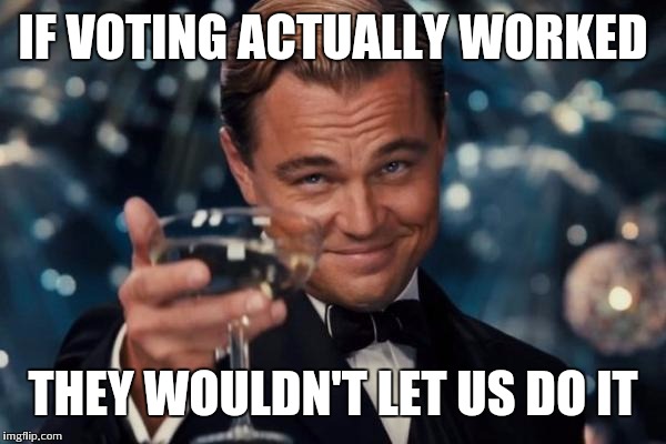 Leonardo Dicaprio Cheers | IF VOTING ACTUALLY WORKED; THEY WOULDN'T LET US DO IT | image tagged in memes,leonardo dicaprio cheers | made w/ Imgflip meme maker