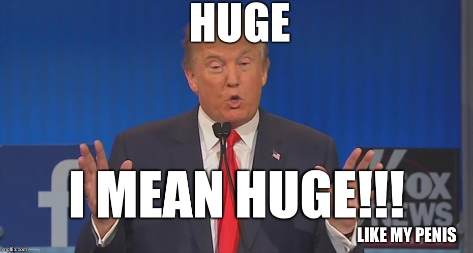 Trump's pe^!s is hyooge! | HUGE I MEAN HUGE!!! LIKE MY P**IS | image tagged in trump's pes is hyooge | made w/ Imgflip meme maker