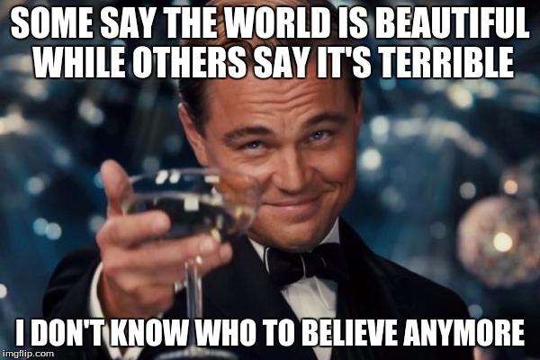 Leonardo Dicaprio Cheers Meme | SOME SAY THE WORLD IS BEAUTIFUL WHILE OTHERS SAY IT'S TERRIBLE; I DON'T KNOW WHO TO BELIEVE ANYMORE | image tagged in memes,leonardo dicaprio cheers | made w/ Imgflip meme maker