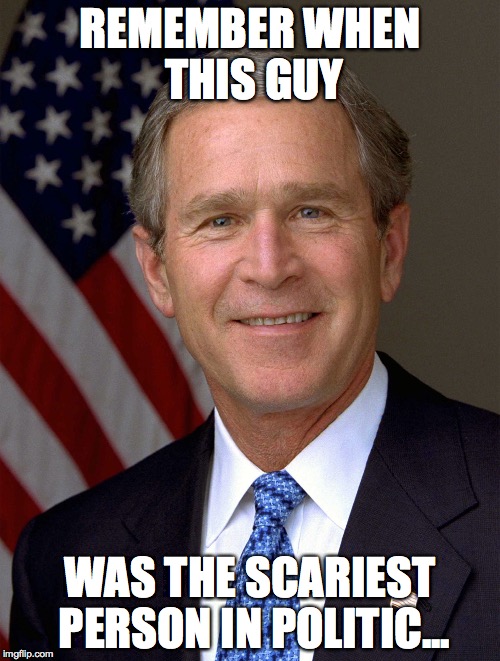 Good Guy George W. Bush | REMEMBER WHEN THIS GUY; WAS THE SCARIEST PERSON IN POLITIC... | image tagged in good guy george w bush | made w/ Imgflip meme maker