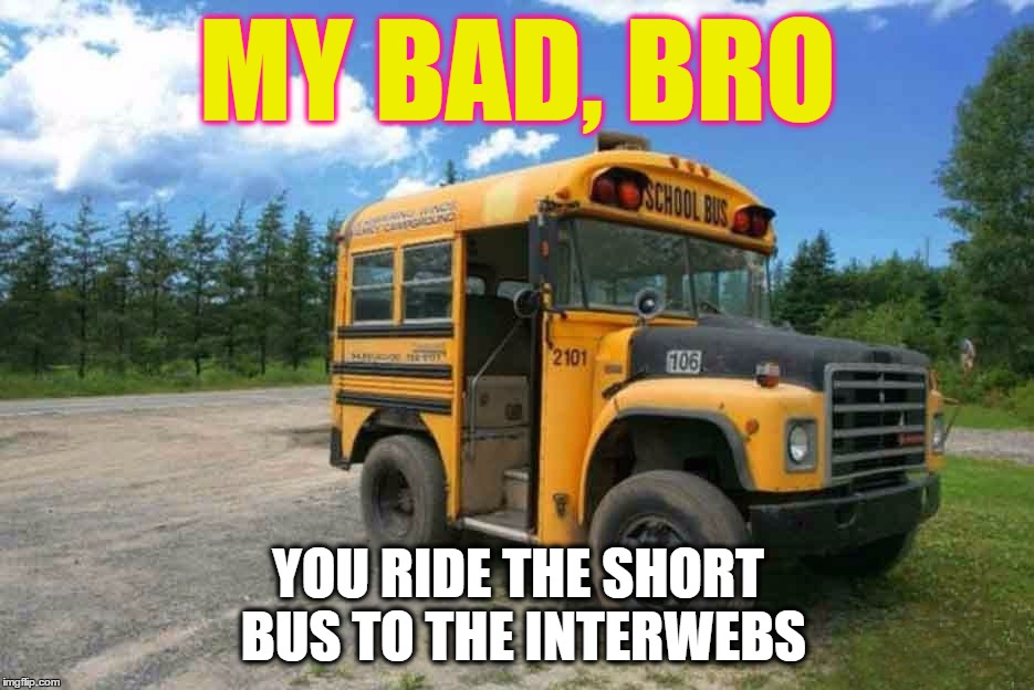 For That Keyboard Assassin You Know We All Know | MY BAD, BRO; YOU RIDE THE SHORT BUS TO THE INTERWEBS | image tagged in funny,short bus,idiots,morons,stupid people,comeback | made w/ Imgflip meme maker