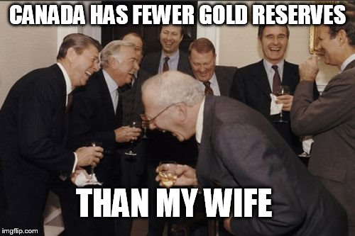 Laughing Men In Suits Meme | CANADA HAS FEWER GOLD RESERVES; THAN MY WIFE | image tagged in memes,laughing men in suits | made w/ Imgflip meme maker