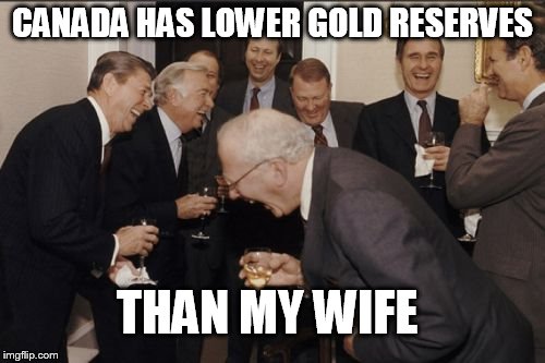 Laughing Men In Suits Meme | CANADA HAS LOWER GOLD RESERVES; THAN MY WIFE | image tagged in memes,laughing men in suits | made w/ Imgflip meme maker
