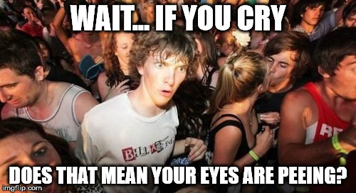 Credit goes to the word "IP", which it sound like eyepee.. | WAIT... IF YOU CRY; DOES THAT MEAN YOUR EYES ARE PEEING? | image tagged in memes,sudden clarity clarence,crying,first world problems lady's eyes keep peeing | made w/ Imgflip meme maker