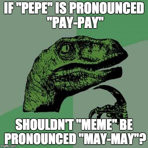 Philosoraptor Meme | IF "PEPE" IS PRONOUNCED "PAY-PAY"; SHOULDN'T "MEME" BE PRONOUNCED "MAY-MAY"? | image tagged in memes,philosoraptor | made w/ Imgflip meme maker