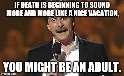 It's a joke, don't even think about committing me, jerks. | IF DEATH IS BEGINNING TO SOUND MORE AND MORE LIKE A NICE VACATION, YOU MIGHT BE AN ADULT. | image tagged in jeff foxworthy | made w/ Imgflip meme maker