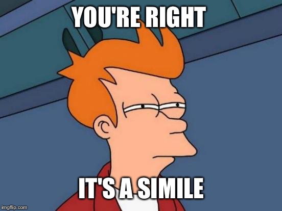 Futurama Fry Meme | YOU'RE RIGHT IT'S A SIMILE | image tagged in memes,futurama fry | made w/ Imgflip meme maker