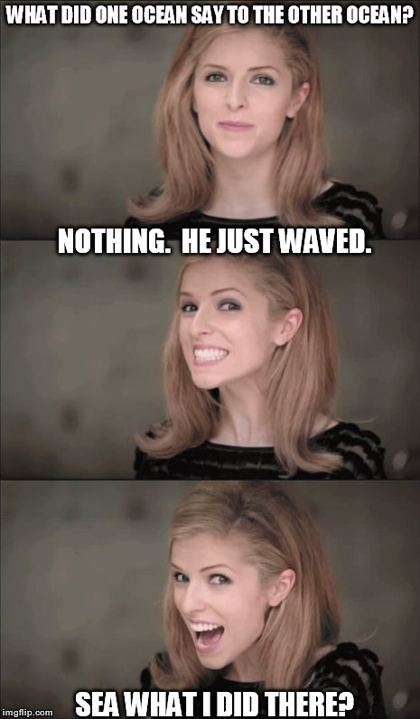 Bad Pun Anna Kendrick | WHAT DID ONE OCEAN SAY TO THE OTHER OCEAN? NOTHING.  HE JUST WAVED. SEA WHAT I DID THERE? | image tagged in bad pun anna kendrick | made w/ Imgflip meme maker