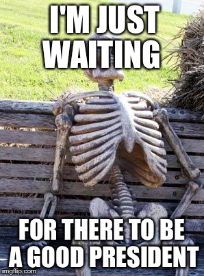 Waiting Skeleton |  I'M JUST WAITING; FOR THERE TO BE A GOOD PRESIDENT | image tagged in memes,waiting skeleton | made w/ Imgflip meme maker
