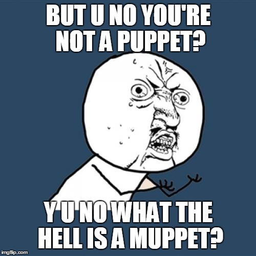 Y U No Meme | BUT U NO YOU'RE NOT A PUPPET? Y U NO WHAT THE HELL IS A MUPPET? | image tagged in memes,y u no | made w/ Imgflip meme maker