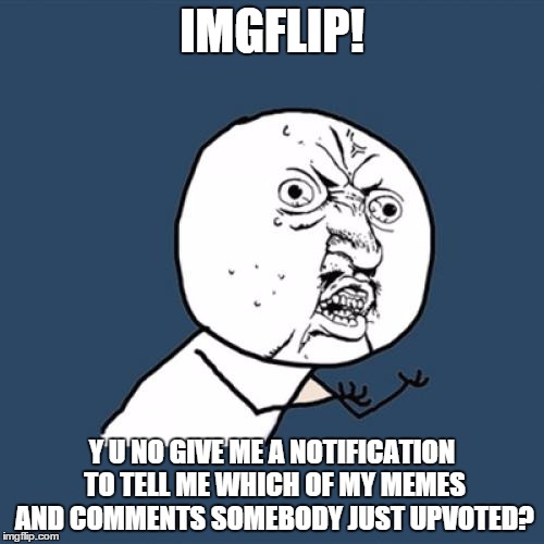Upvote notifications? | IMGFLIP! Y U NO GIVE ME A NOTIFICATION TO TELL ME WHICH OF MY MEMES AND COMMENTS SOMEBODY JUST UPVOTED? | image tagged in memes,y u no,upvote,notification | made w/ Imgflip meme maker
