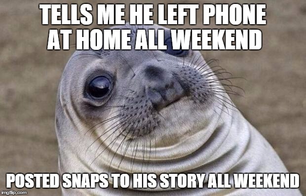 Awkward Moment Sealion | TELLS ME HE LEFT PHONE AT HOME ALL WEEKEND; POSTED SNAPS TO HIS STORY ALL WEEKEND | image tagged in memes,awkward moment sealion,AdviceAnimals | made w/ Imgflip meme maker
