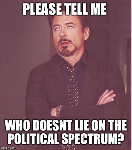 Face You Make Robert Downey Jr Meme | PLEASE TELL ME WHO DOESNT LIE ON THE POLITICAL SPECTRUM? | image tagged in memes,face you make robert downey jr | made w/ Imgflip meme maker