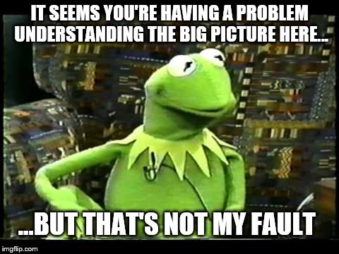 but that's not my fault you don't get it | IT SEEMS YOU'RE HAVING A PROBLEM UNDERSTANDING THE BIG PICTURE HERE... | image tagged in but that's not my fault,memes,kermit,big picture,understand,problem | made w/ Imgflip meme maker