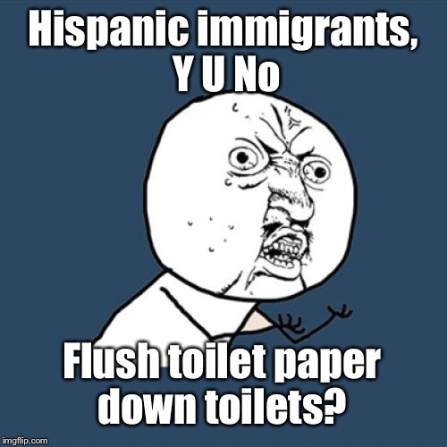 "Y U No Weekend" Submission:  | Hispanic immigrants, Y U No; Flush toilet paper down toilets? | image tagged in memes,y u no | made w/ Imgflip meme maker