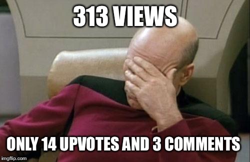 Captain Picard Facepalm Meme | 313 VIEWS ONLY 14 UPVOTES AND 3 COMMENTS | image tagged in memes,captain picard facepalm | made w/ Imgflip meme maker