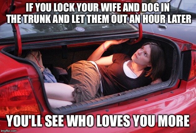 IF YOU LOCK YOUR WIFE AND DOG IN THE TRUNK AND LET THEM OUT AN HOUR LATER YOU'LL SEE WHO LOVES YOU MORE | made w/ Imgflip meme maker