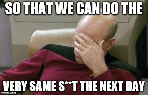Captain Picard Facepalm Meme | SO THAT WE CAN DO THE VERY SAME S**T THE NEXT DAY | image tagged in memes,captain picard facepalm | made w/ Imgflip meme maker