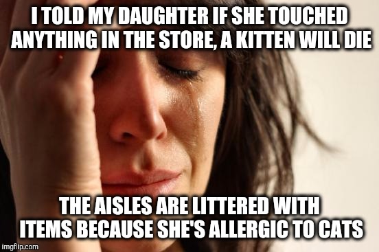 Reverse psychology didn't work so well today | I TOLD MY DAUGHTER IF SHE TOUCHED ANYTHING IN THE STORE, A KITTEN WILL DIE; THE AISLES ARE LITTERED WITH ITEMS BECAUSE SHE'S ALLERGIC TO CATS | image tagged in memes,first world problems,kitten,die,store,touch | made w/ Imgflip meme maker