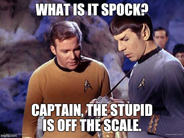 spock-tricorder | WHAT IS IT SPOCK? CAPTAIN, THE STUPID IS OFF THE SCALE. | image tagged in spock-tricorder | made w/ Imgflip meme maker