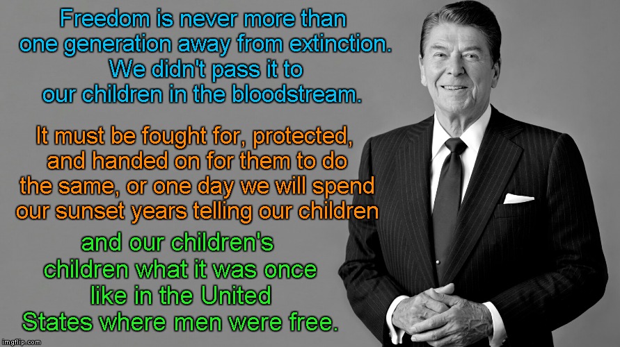 Freedom never more than one generation away from extinction. |  Freedom is never more than one generation away from extinction. We didn't pass it to our children in the bloodstream. It must be fought for, protected, and handed on for them to do the same, or one day we will spend our sunset years telling our children; and our children's children what it was once like in the United States where men were free. | image tagged in ronald reagan,freedom | made w/ Imgflip meme maker