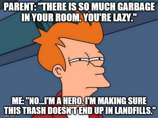 Me and My Bedroom | PARENT: "THERE IS SO MUCH GARBAGE IN YOUR ROOM. YOU'RE LAZY."; ME: "NO...I'M A HERO. I'M MAKING SURE THIS TRASH DOESN'T END UP IN LANDFILLS." | image tagged in memes,futurama fry,trash,environment,landfill,home | made w/ Imgflip meme maker
