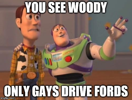 X, X Everywhere Meme | YOU SEE WOODY; ONLY GAYS DRIVE FORDS | image tagged in memes,x x everywhere | made w/ Imgflip meme maker