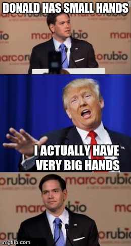 Donald has Big Hands | DONALD HAS SMALL HANDS; I ACTUALLY HAVE VERY BIG HANDS | image tagged in marco rubio,donald trump,donald trump approves,small hands,politics,election 2016 | made w/ Imgflip meme maker