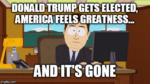 Aaaaand Its Gone | DONALD TRUMP GETS ELECTED, AMERICA FEELS GREATNESS... AND IT'S GONE | image tagged in memes,aaaaand its gone | made w/ Imgflip meme maker