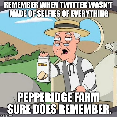 Pepperidge Farm Remembers | REMEMBER WHEN TWITTER WASN'T MADE OF SELFIES OF EVERYTHING; PEPPERIDGE FARM SURE DOES REMEMBER. | image tagged in memes,pepperidge farm remembers | made w/ Imgflip meme maker