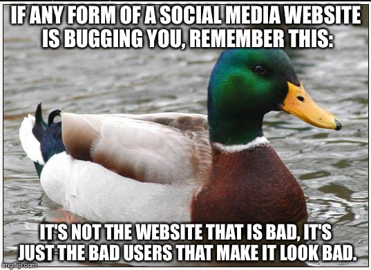 Actual Advice Mallard | IF ANY FORM OF A SOCIAL MEDIA WEBSITE IS BUGGING YOU, REMEMBER THIS:; IT'S NOT THE WEBSITE THAT IS BAD, IT'S JUST THE BAD USERS THAT MAKE IT LOOK BAD. | image tagged in memes,actual advice mallard | made w/ Imgflip meme maker