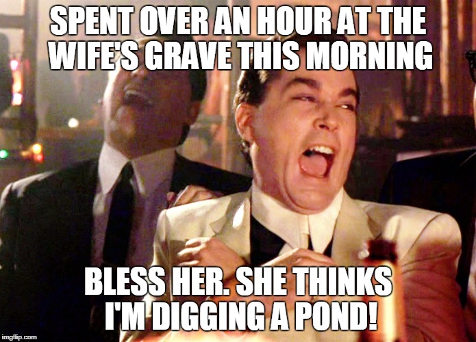 Good Fellas Hilarious | SPENT OVER AN HOUR AT THE WIFE'S GRAVE THIS MORNING; BLESS HER. SHE THINKS I'M DIGGING A POND! | image tagged in memes,good fellas hilarious | made w/ Imgflip meme maker