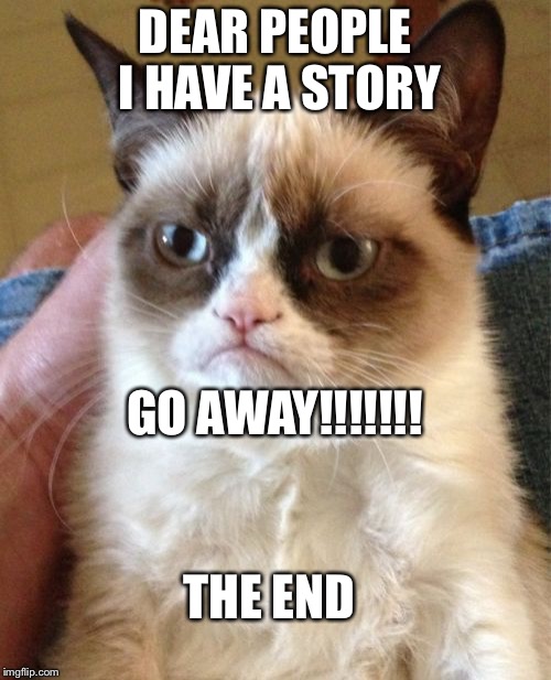 Grumpy Cat | DEAR PEOPLE I HAVE A STORY; GO AWAY!!!!!!! THE END | image tagged in memes,grumpy cat | made w/ Imgflip meme maker