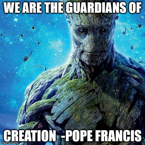 We are Groot |  WE ARE THE GUARDIANS OF; CREATION  -POPE FRANCIS | image tagged in groot,pope francis,catholic,environment,pope,marvel | made w/ Imgflip meme maker