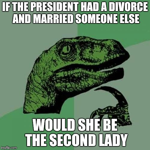 Second lady of the U.S.? | IF THE PRESIDENT HAD A DIVORCE AND MARRIED SOMEONE ELSE; WOULD SHE BE THE SECOND LADY | image tagged in memes,philosoraptor | made w/ Imgflip meme maker