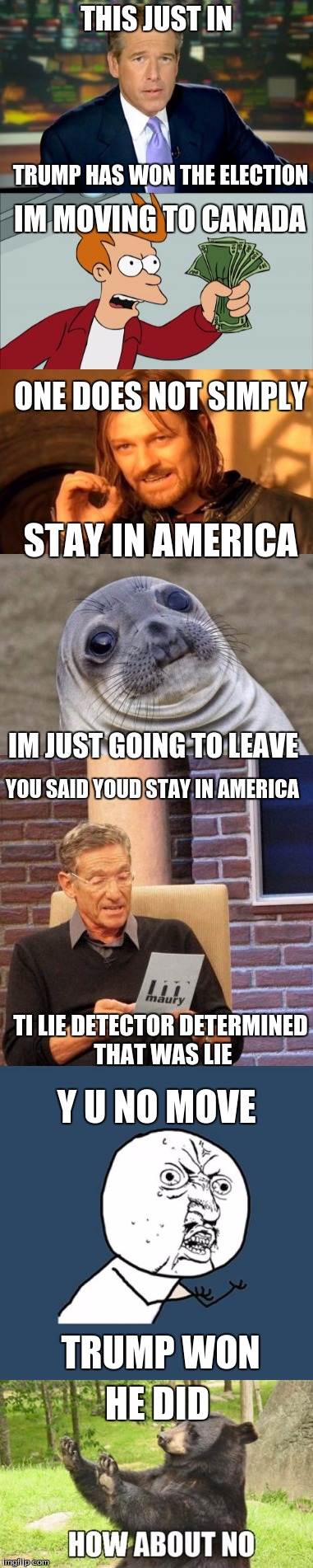 Im going | THIS JUST IN; TRUMP HAS WON THE ELECTION; IM MOVING TO CANADA; ONE DOES NOT SIMPLY; STAY IN AMERICA; IM JUST GOING TO LEAVE; YOU SAID YOUD STAY IN AMERICA; TI LIE DETECTOR DETERMINED THAT WAS LIE; Y U NO MOVE; TRUMP WON; HE DID | image tagged in nope | made w/ Imgflip meme maker